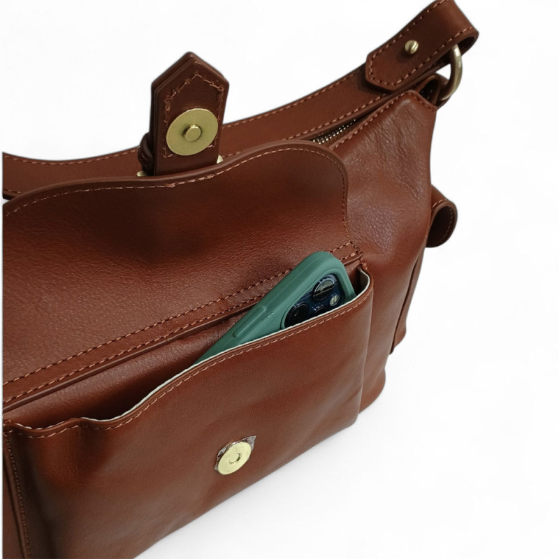 Sac baguette en cuir, à poches POURCHET 26016 marron photo poche avant