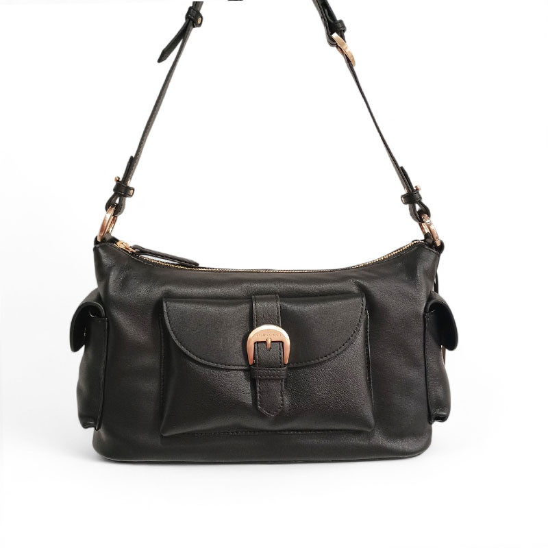 Sac baguette en cuir, à poches POURCHET 26016 noir face