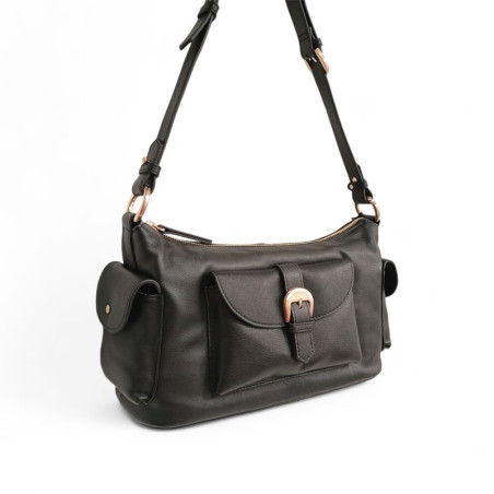 Sac baguette en cuir, à poches POURCHET 26016 noir coté