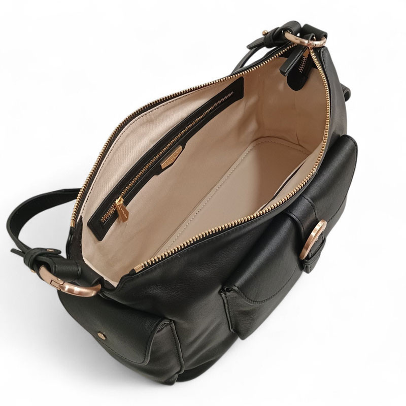 Sac baguette en cuir, à poches POURCHET 26016 noir interieur