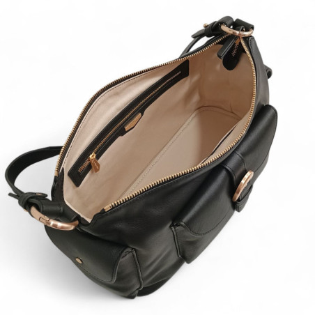Sac baguette en cuir, à poches POURCHET 26016 noir interieur