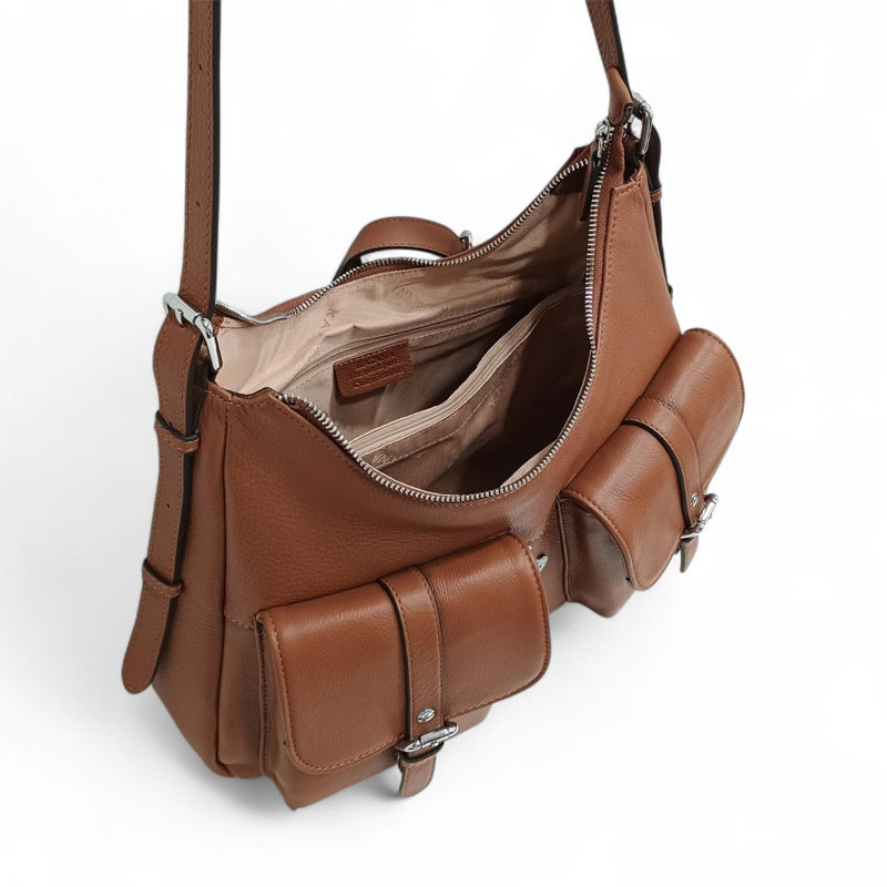 Sac épaule cuir KATANA marron ouvert