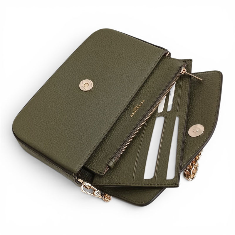 Pourchet pochette aménagée cuir grainé 78130 kaki avec pochettes