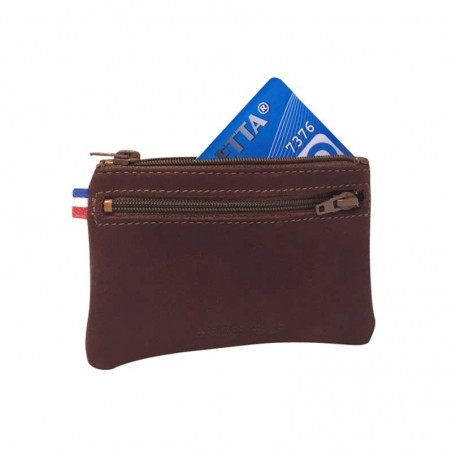 porte monnaie plat zippé taille carte de crédit poche avant zippée marron
